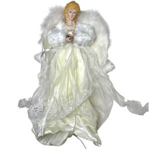 Vintage Angel Tree Topper Ivory White Feather Wings Lace Gown Christmas Decor